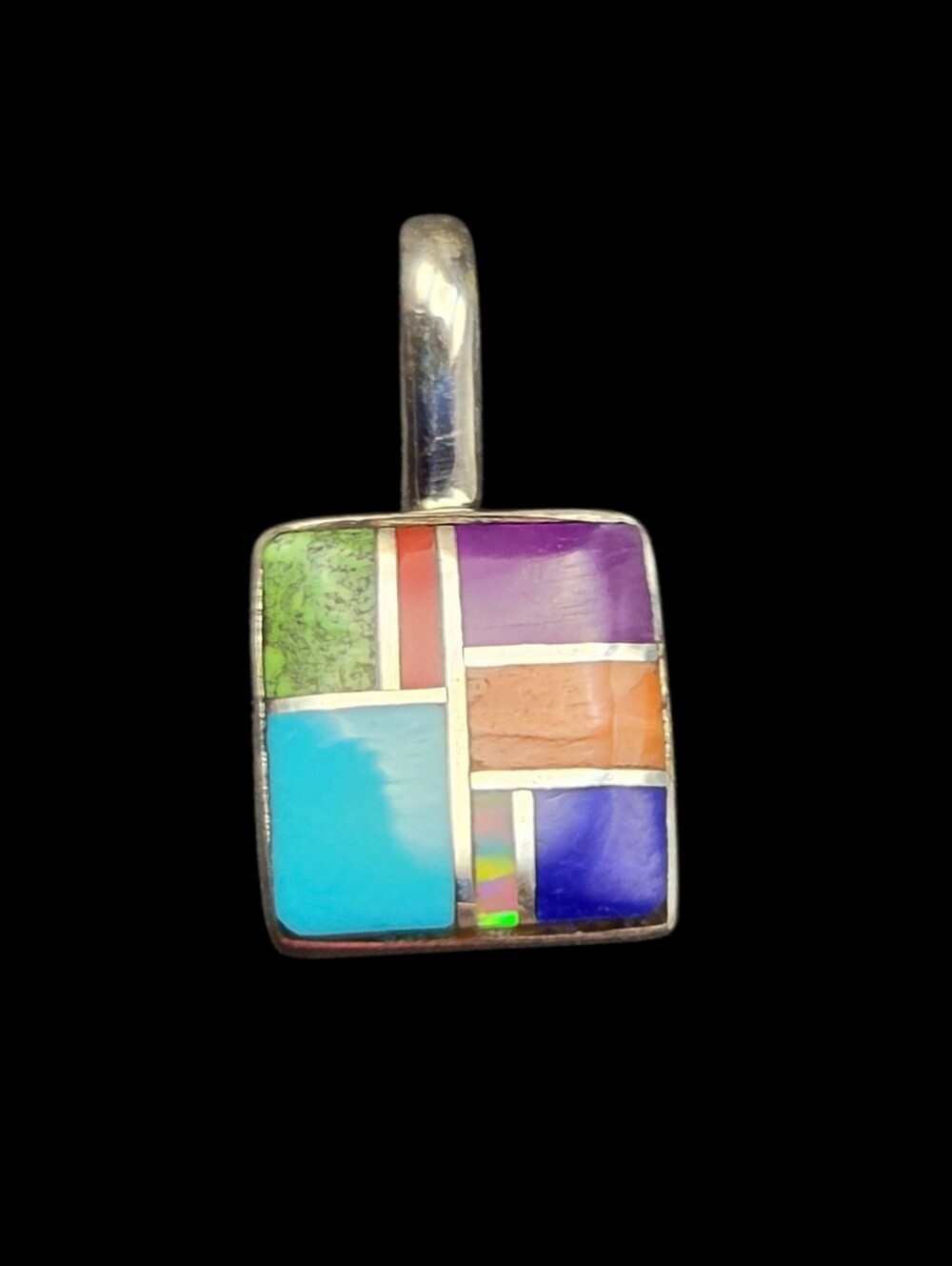 Multi-Color Inlay Square Pendant Necklace - Sterling